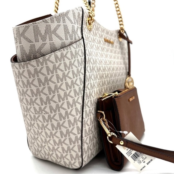 Michael Kors Large Jet Set Travel Chain Shoulder Bag & Double Zip Wallet Vanilla - Picture 4 of 14